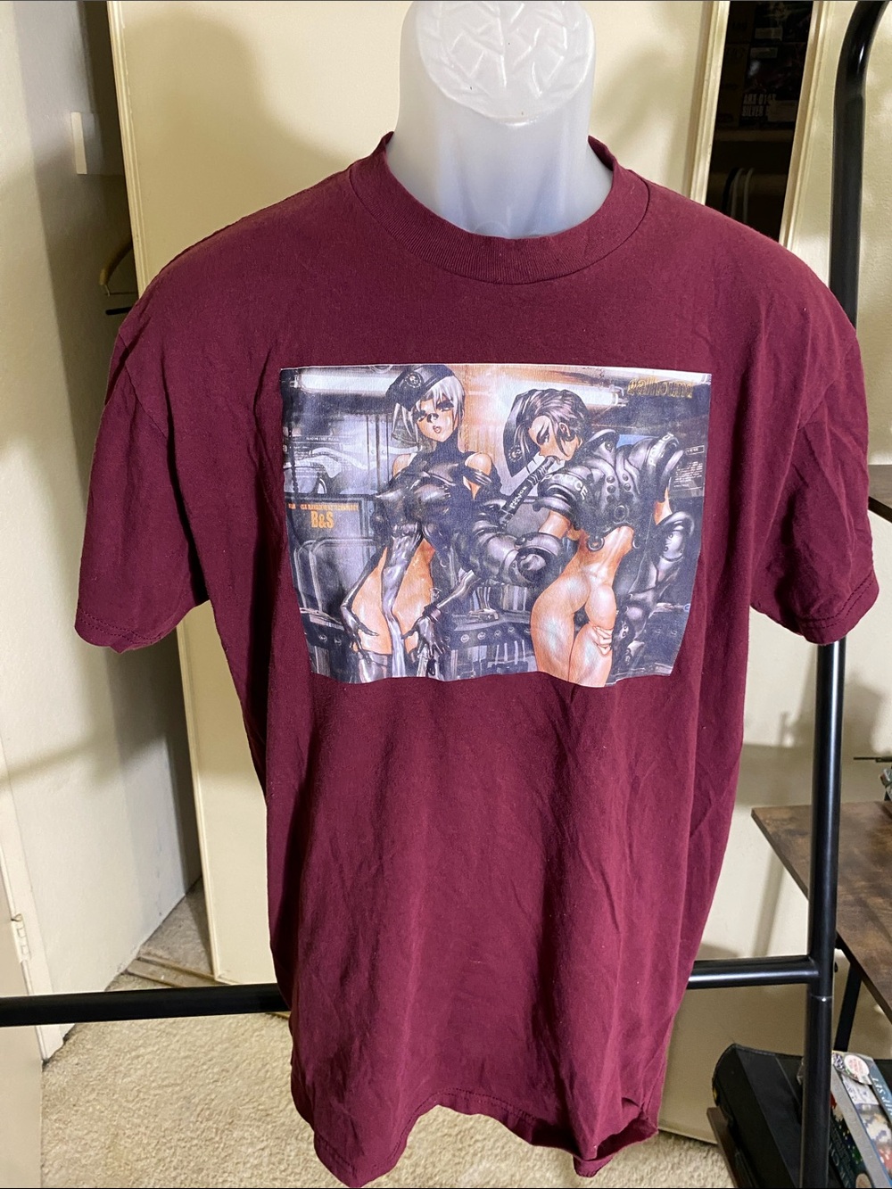 Vintage Masumune Shirow Maroon Short-Sleeve Tee with Sci-Fi Anime Graphic